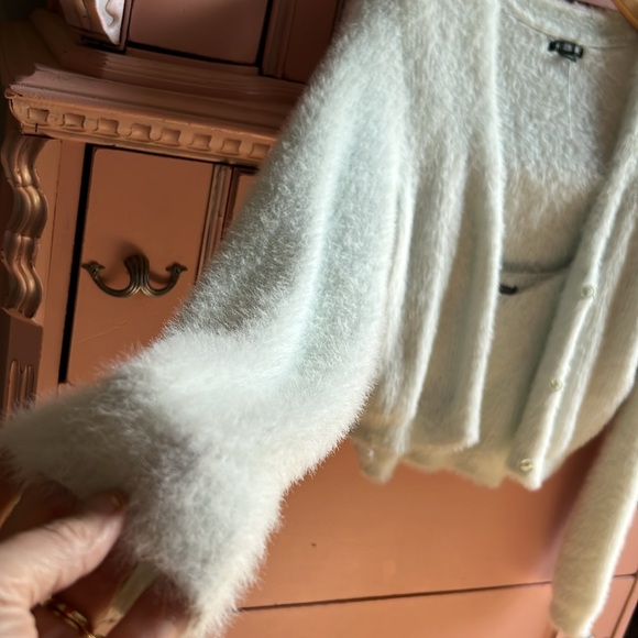 Fuzzy baby blue soft cardigan crop tank cami sweater set - Picture 7 of 8